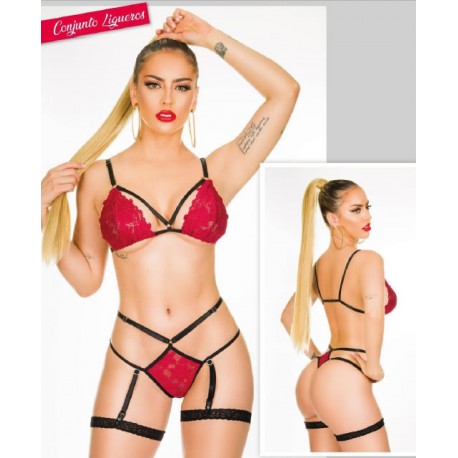 Conjunto liguero negro / vinotinto